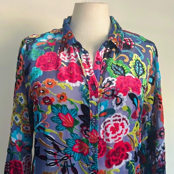 Johnny Was Velvet BURNOUT Velvet Minto Yrene Button Down Blouse RARE Sz Med NEW - Picture 5 of 7